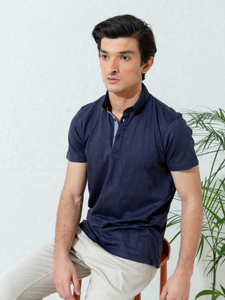 Brumano  Solids Cotton Polo Navy Blue Jacquard Polo Shirt With Detailing