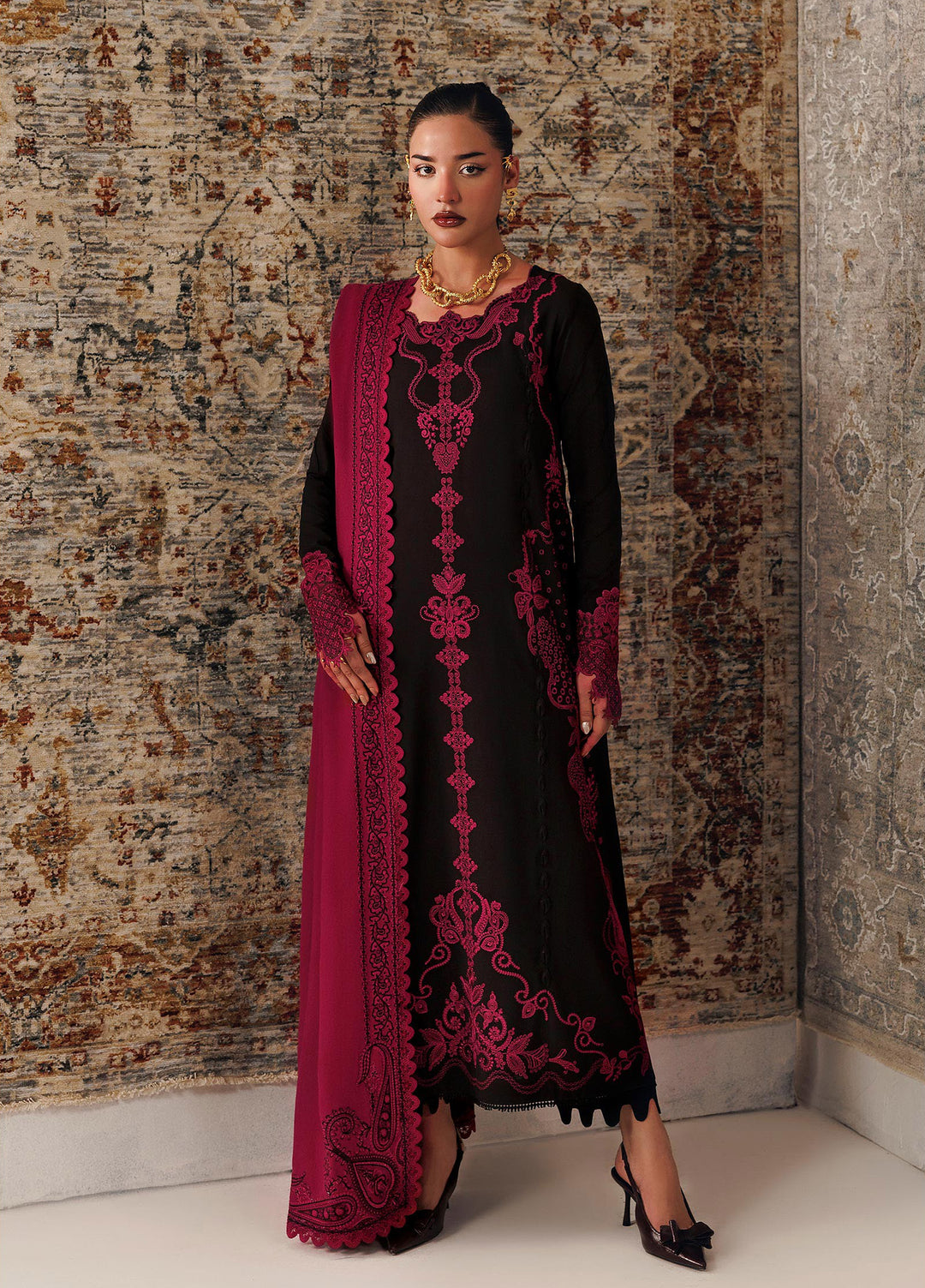 Q line by Qalamkar Unstitched Embroidered Slub Linen 3 Piece Suit QLK26UQL Yani QLW-12 - Winter Collection