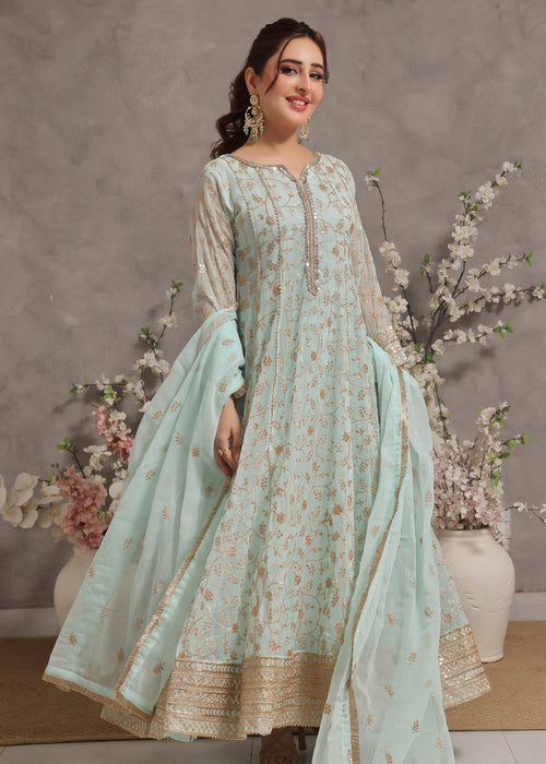 Zardozi Dreams by Abaan Zohan RTW Embroidered chiffon 3 Piece Suit Zar-e-Firdaus Mint Green - Festive Collection