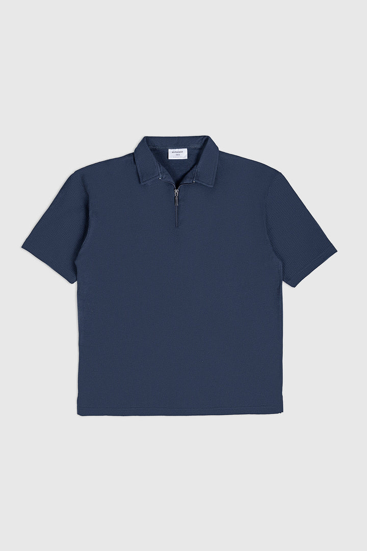 Muraqsh Ready To Wear Solids Waffle Men Deep Blue Oversized Zipper Polo ABD-DBOZP - Summer Collection