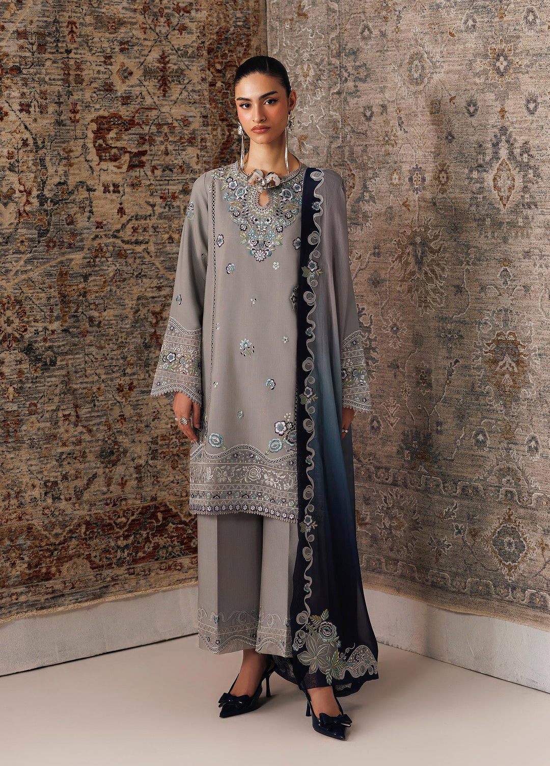 Q line by Qalamkar Unstitched Embroidered Slub Linen 3 Piece Suit QLK26UQL Gina QLW-15 - Winter Collection
