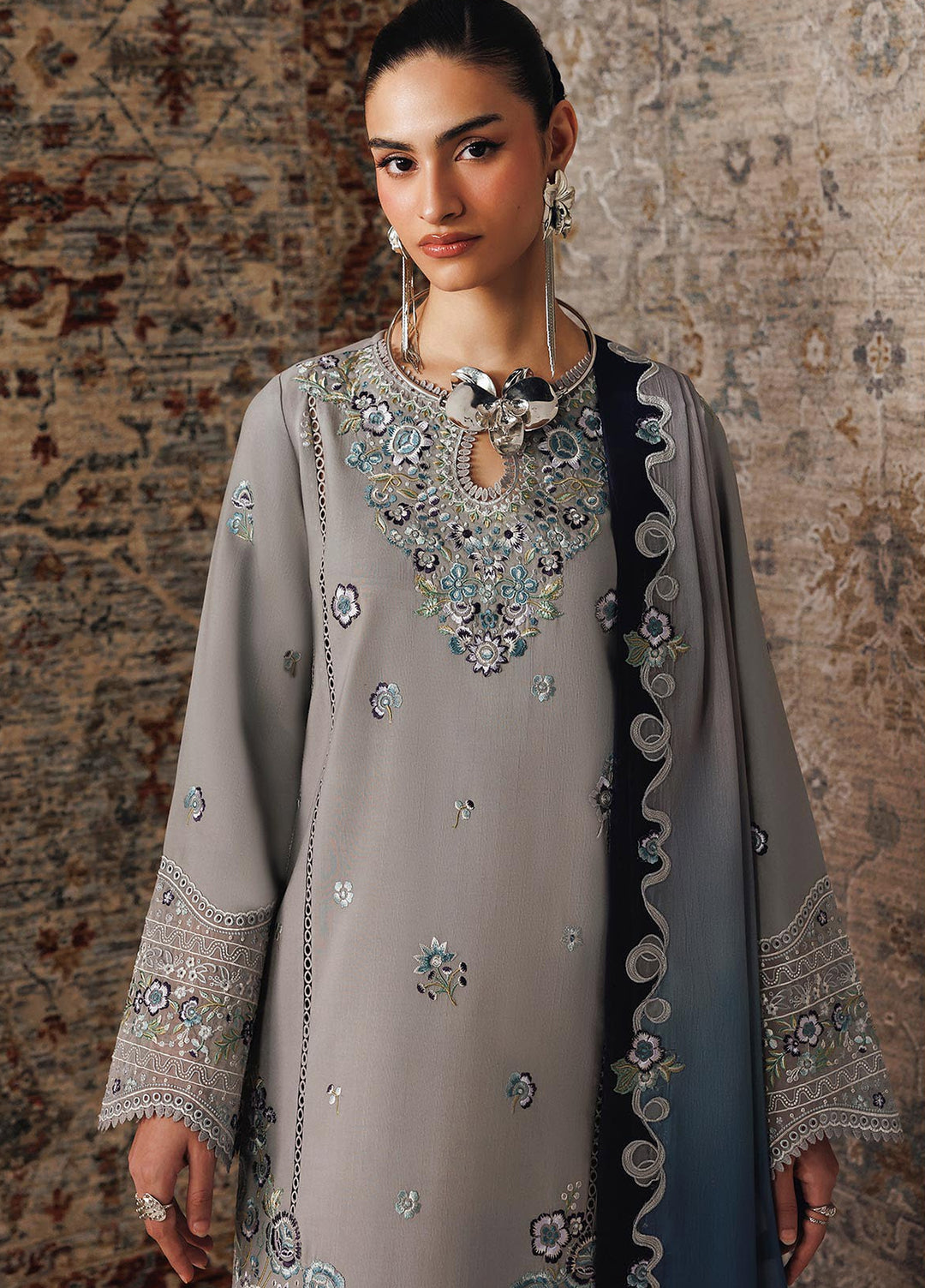 Q line by Qalamkar Unstitched Embroidered Slub Linen 3 Piece Suit QLK26UQL Gina QLW-15 - Winter Collection