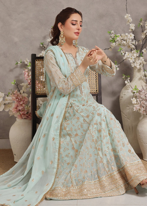 Zardozi Dreams by Abaan Zohan RTW Embroidered chiffon 3 Piece Suit Zar-e-Firdaus Mint Green - Festive Collection