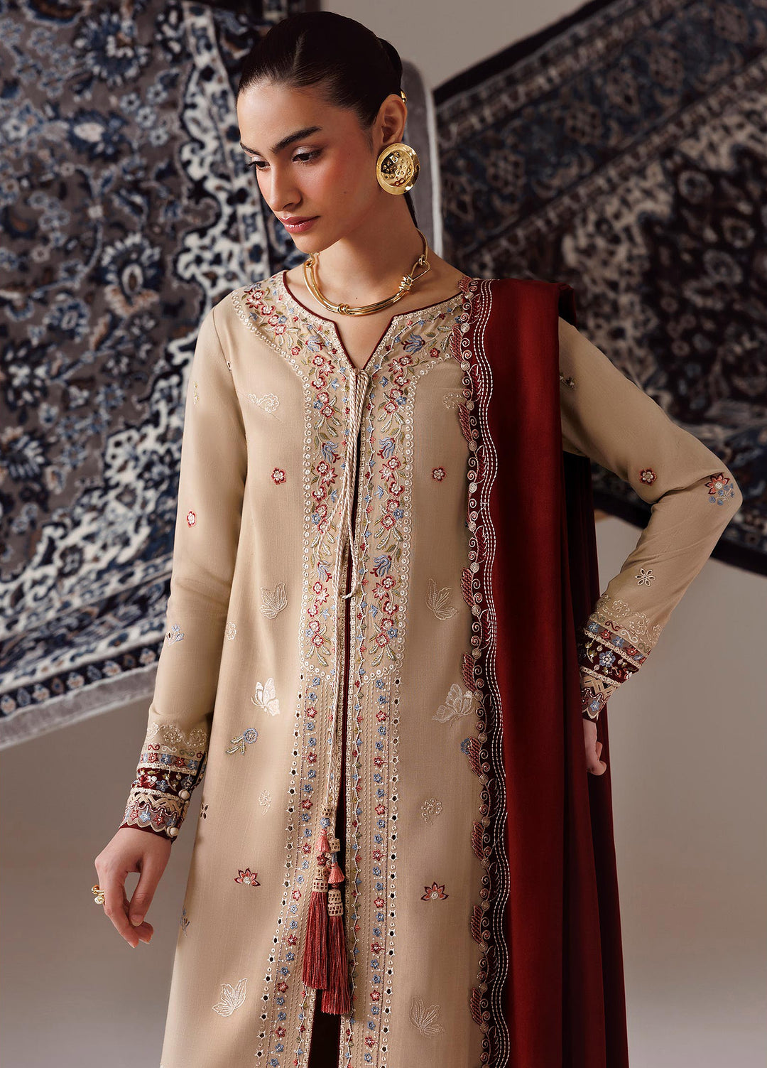 Q line by Qalamkar Unstitched Embroidered Slub Linen 3 Piece Suit QLK26UQL Hamna QLW-16 - Winter Collection