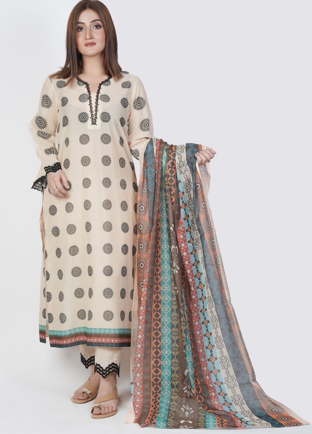 Vibgyor Fashion Printed Lawn Suits Unstitched 3 Piece Creamy Yellow Mandala D2-S-25