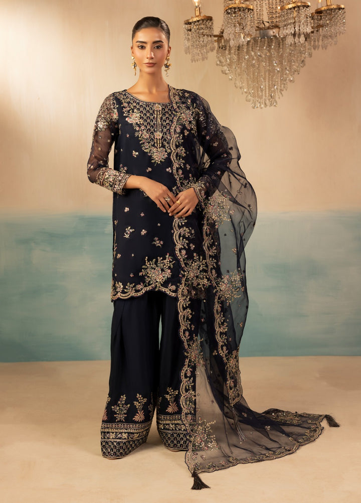 Signature by Diara Couture Pret Luxury Embroidered 3 Piece Raw Silk Jugnu-Df-44-Navy Blue - Formals Collection