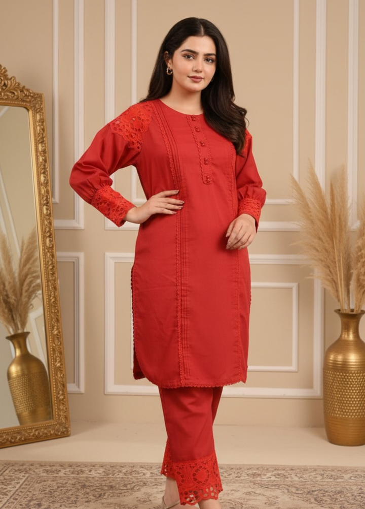 Pret Bee Women Cotton Embroidered Suits 2 Piece Vibrant Red - Winter Collection