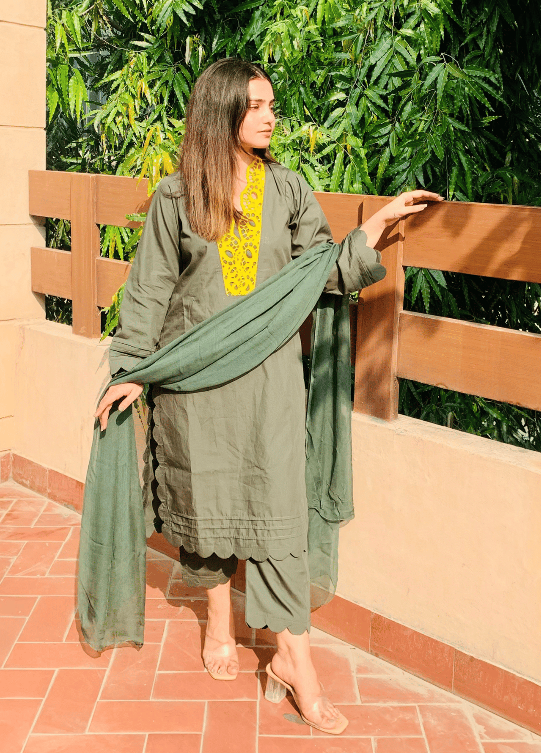 Pret Bee Women Cotton Embroidered Suits 3 Piece Olive Green - Winter Collection
