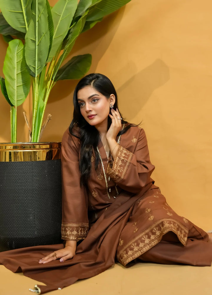 Pret Bee Women Dhanak Embroidered Suits 3 Piece Brown Dhanak - Winter Collection