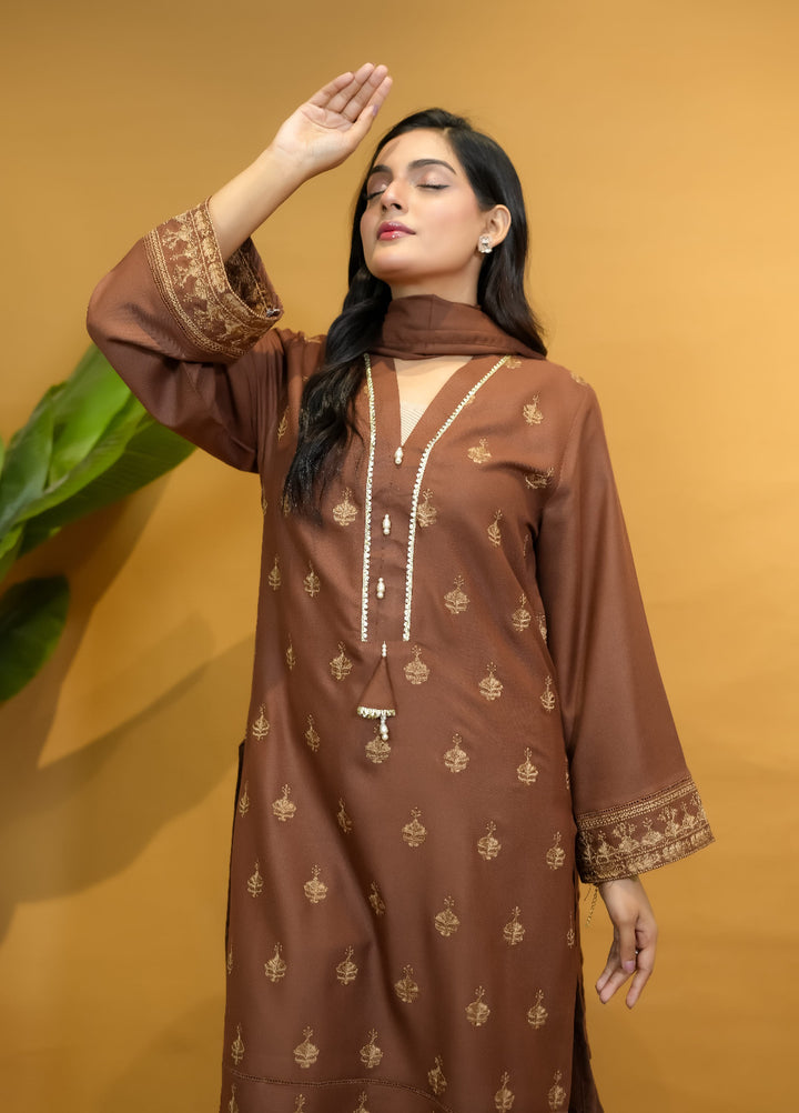 Pret Bee Women Dhanak Embroidered Suits 3 Piece Brown Dhanak - Winter Collection
