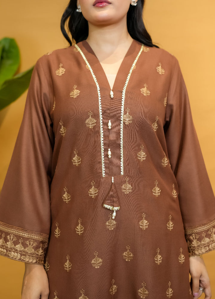 Pret Bee Women Dhanak Embroidered Suits 3 Piece Brown Dhanak - Winter Collection