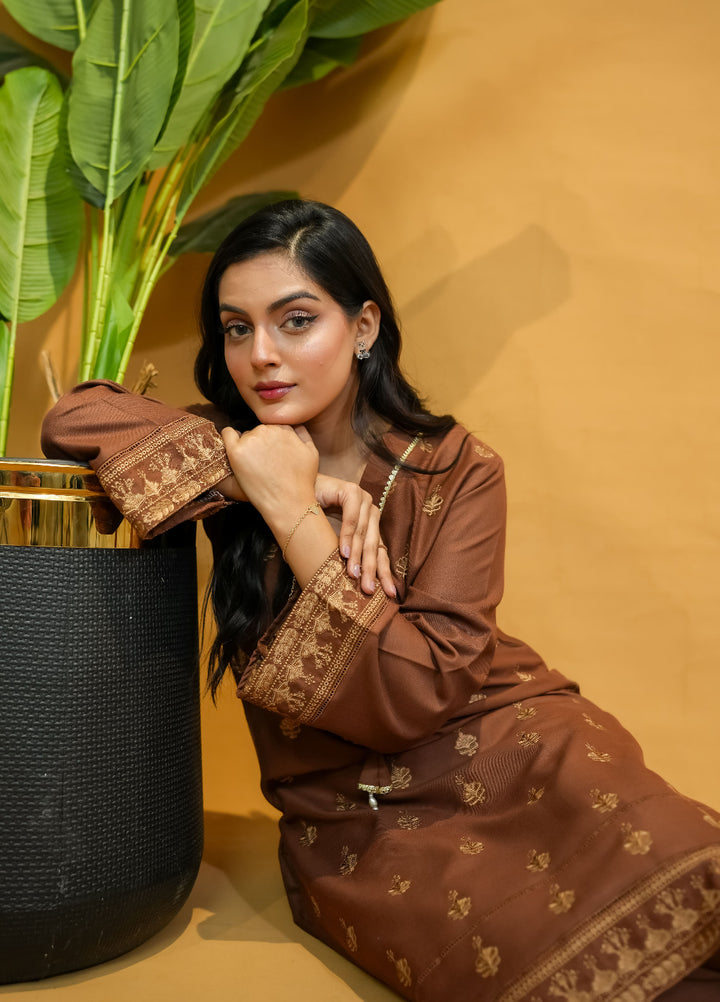 Pret Bee Women Dhanak Embroidered Suits 3 Piece Brown Dhanak - Winter Collection
