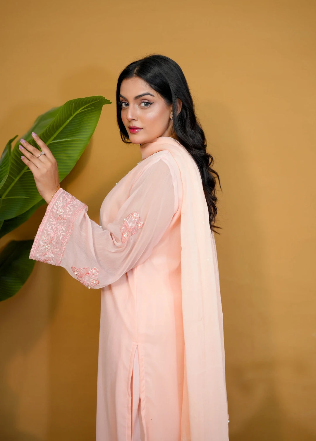 Pret Bee Women Chiffon Embroidered Suits 3 Piece Peach - Winter Collection