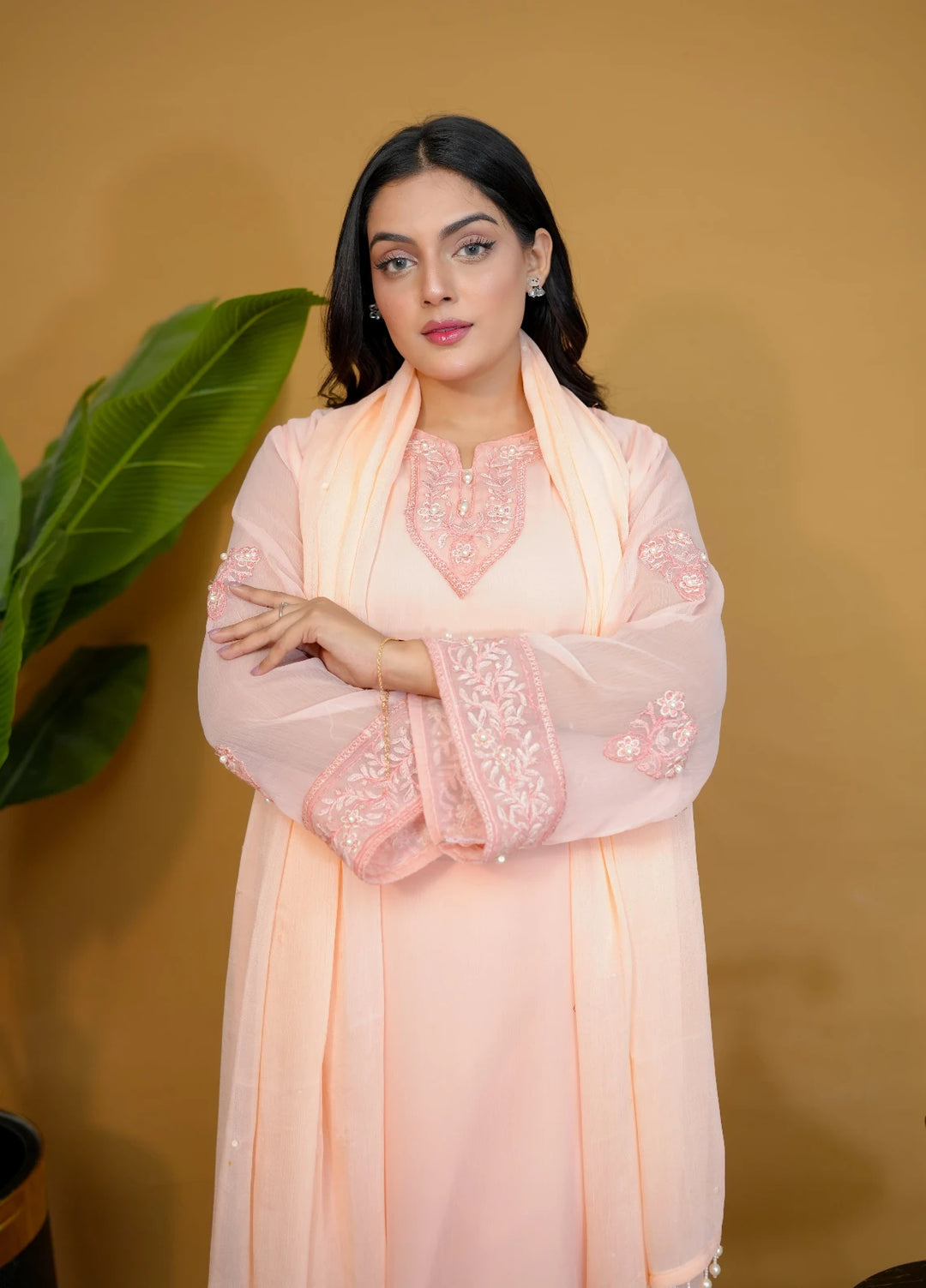 Pret Bee Women Chiffon Embroidered Suits 3 Piece Peach - Winter Collection