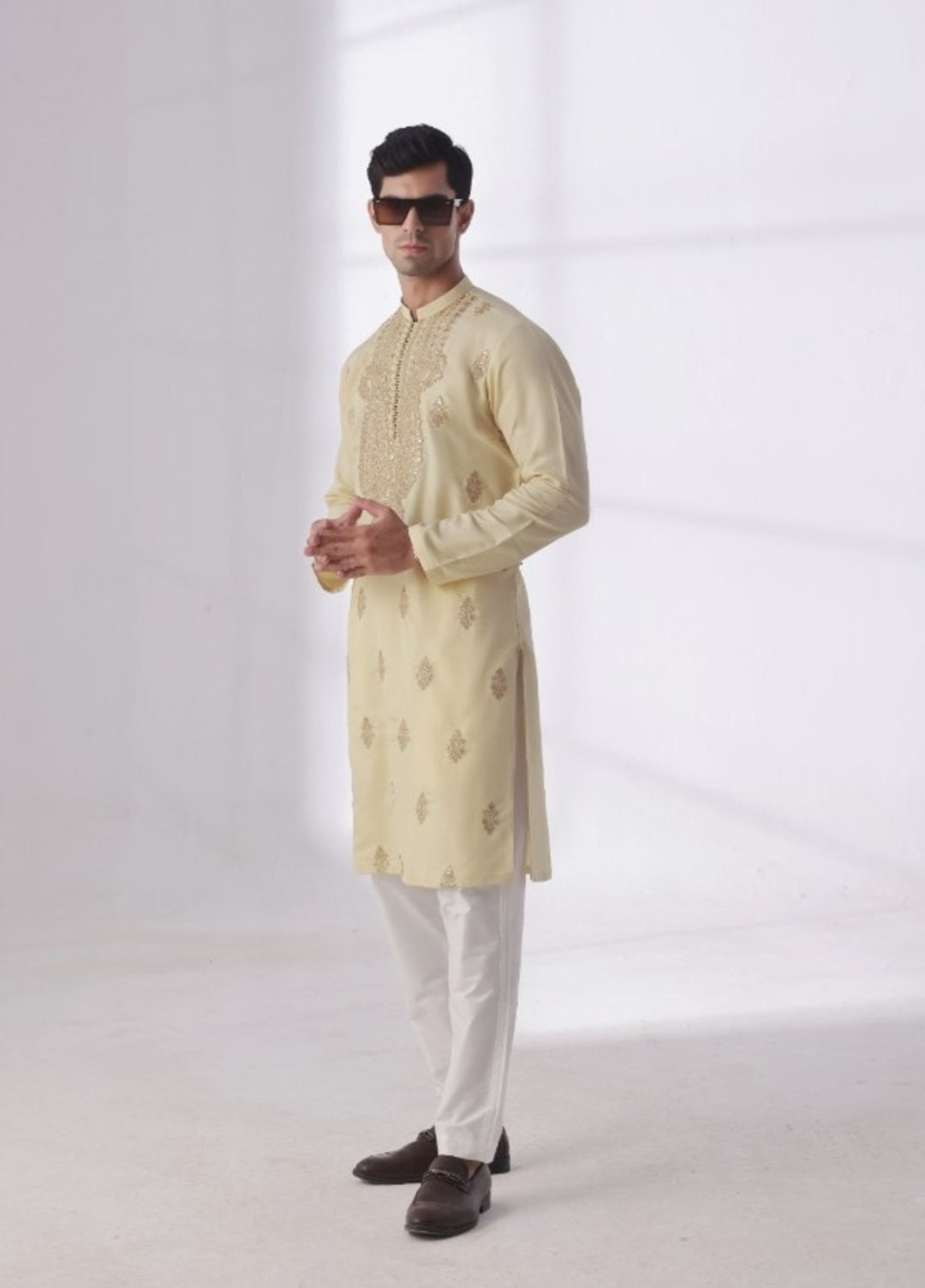 Bazm E Riwayat by Bin Musab Men Kurta Pajama 2 Piece Raw Silk Fountain Baige - Festive Collection
