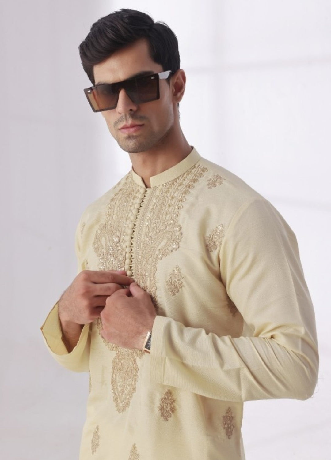 Bazm E Riwayat by Bin Musab Men Kurta Pajama 2 Piece Raw Silk Fountain Baige - Festive Collection