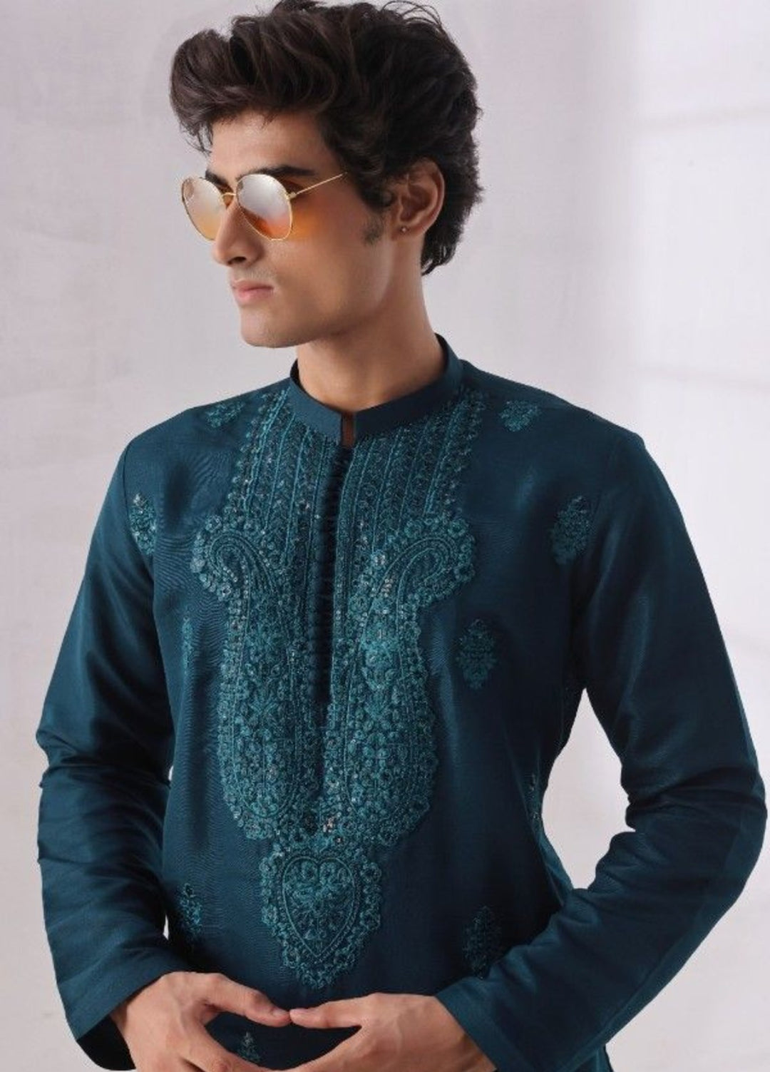 Bazm E Riwayat by Bin Musab Men Kurta Pajama 2 Piece Raw Silk Tealuxe Blue - Festive Collection