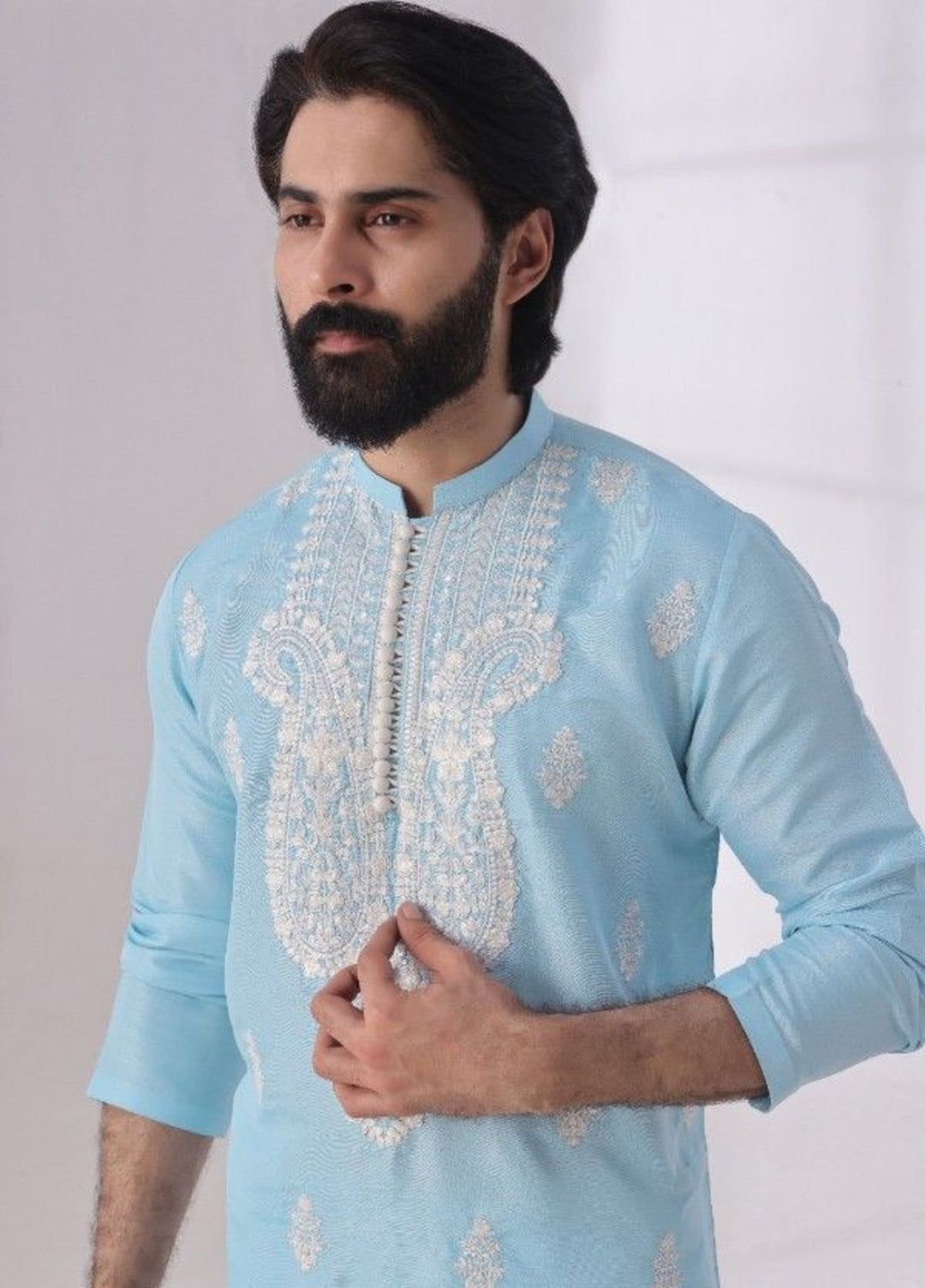 Bazm E Riwayat by Bin Musab Men Kurta Pajama 2 Piece Raw Silk Caribbean Sky - Festive Collection