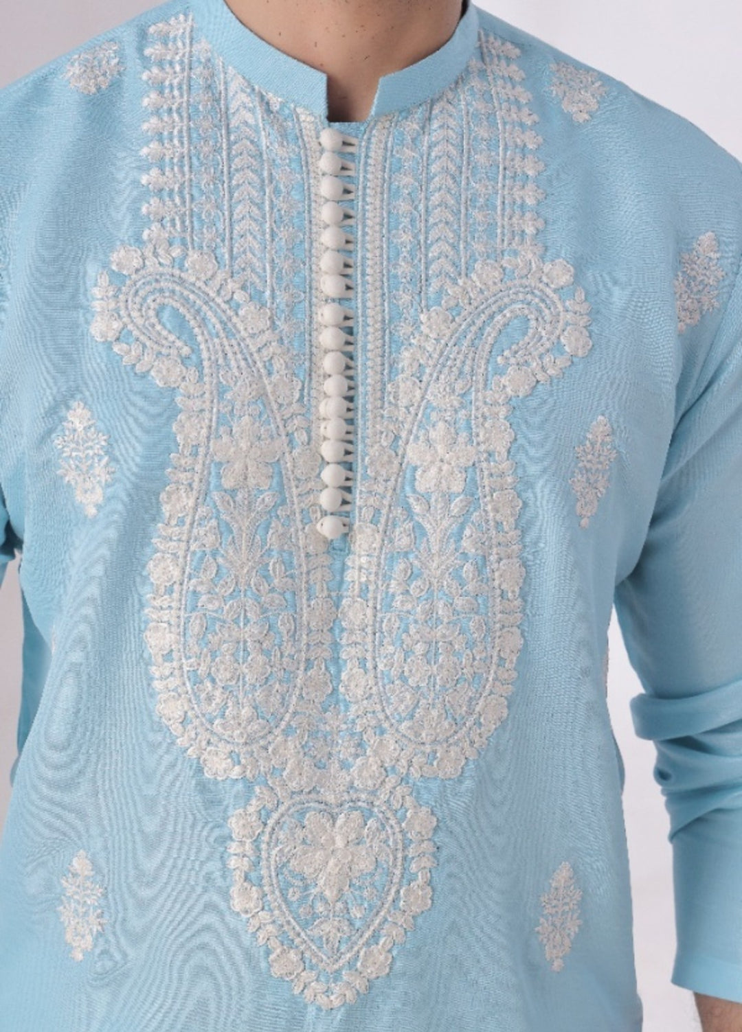 Bazm E Riwayat by Bin Musab Men Kurta Pajama 2 Piece Raw Silk Caribbean Sky - Festive Collection