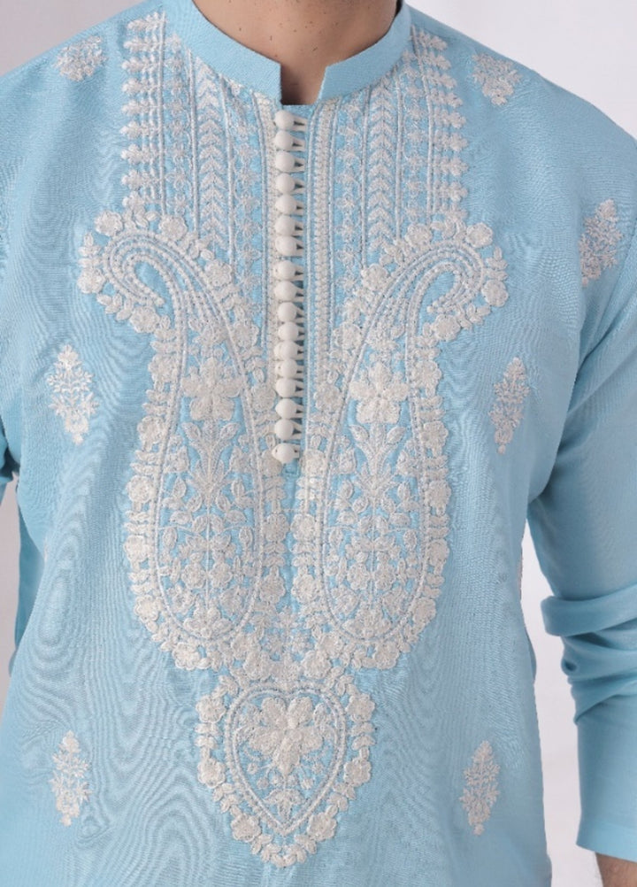 Bazm E Riwayat by Bin Musab Men Kurta Pajama 2 Piece Raw Silk Caribbean Sky - Festive Collection