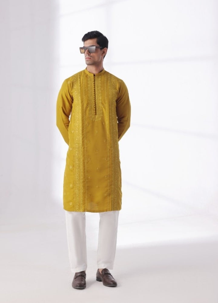 Bazm E Riwayat by Bin Musab Men Kurta Pajama 2 Piece Raw Silk Honey Mustard - Festive Collection