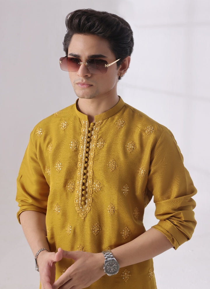 Bazm E Riwayat by Bin Musab Men Kurta Pajama 2 Piece Raw Silk Mustard Seed - Festive Collection