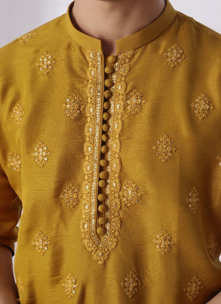 Bazm E Riwayat by Bin Musab Men Kurta Pajama 2 Piece Raw Silk Mustard Seed - Festive Collection
