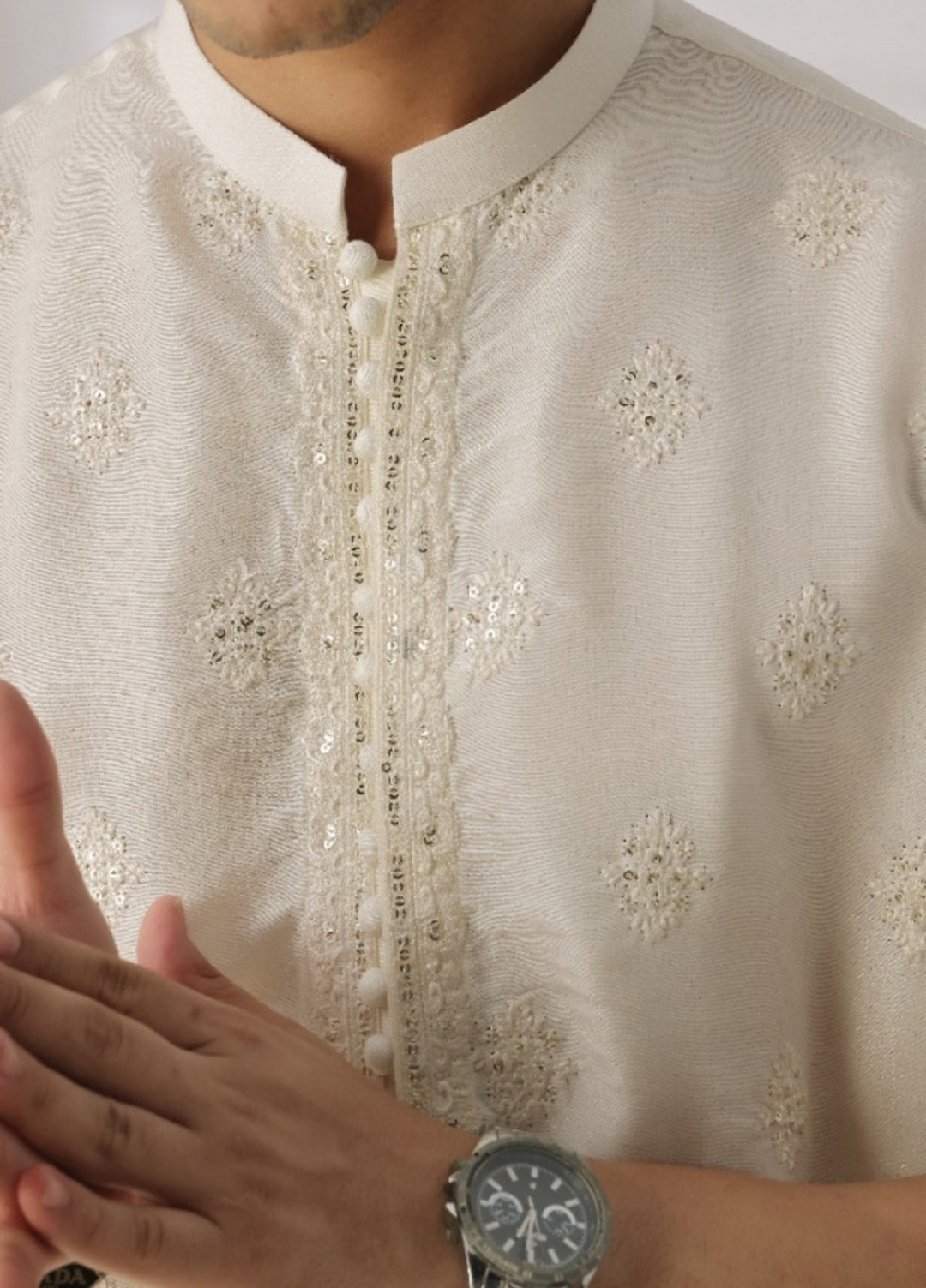 Bazm E Riwayat by Bin Musab Men Kurta Pajama 2 Piece Raw Silk Vanilla Cream - Festive Collection