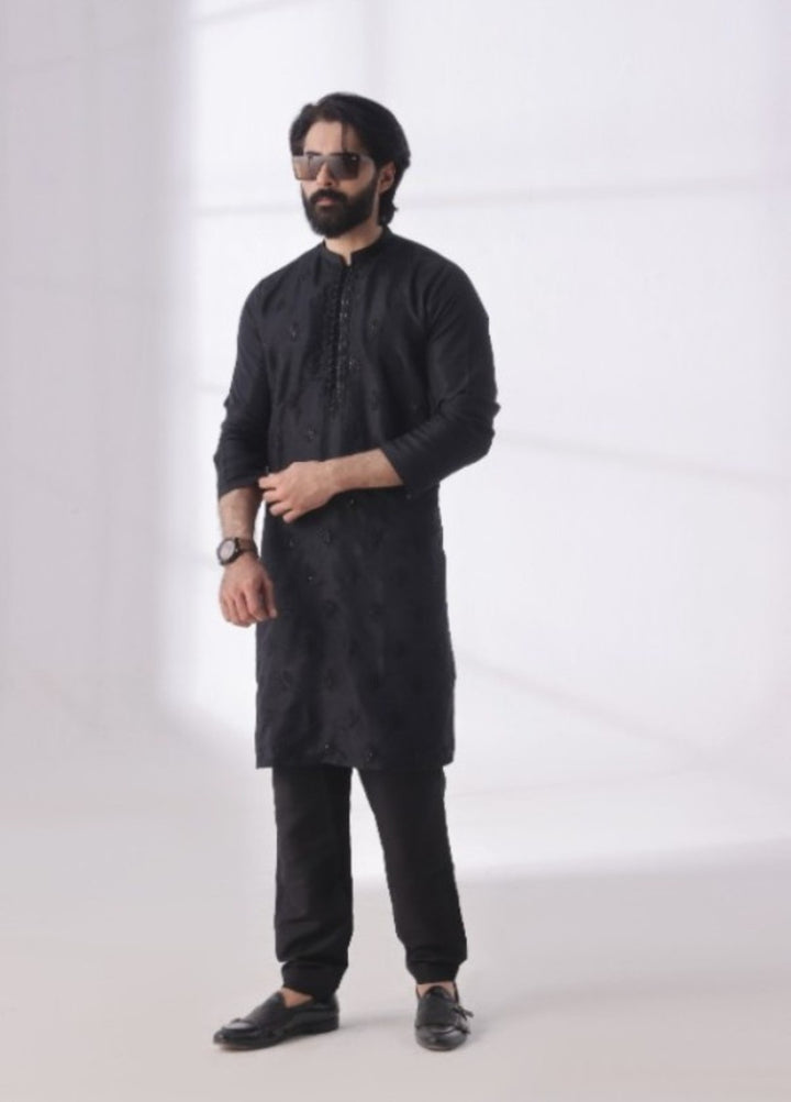 Bazm E Riwayat by Bin Musab Men Kurta Pajama 2 Piece Raw Silk Signature Black - Festive Collection