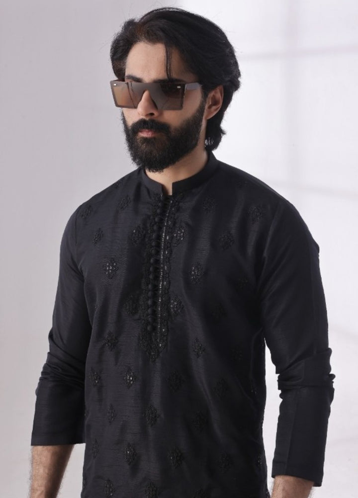 Bazm E Riwayat by Bin Musab Men Kurta Pajama 2 Piece Raw Silk Signature Black - Festive Collection