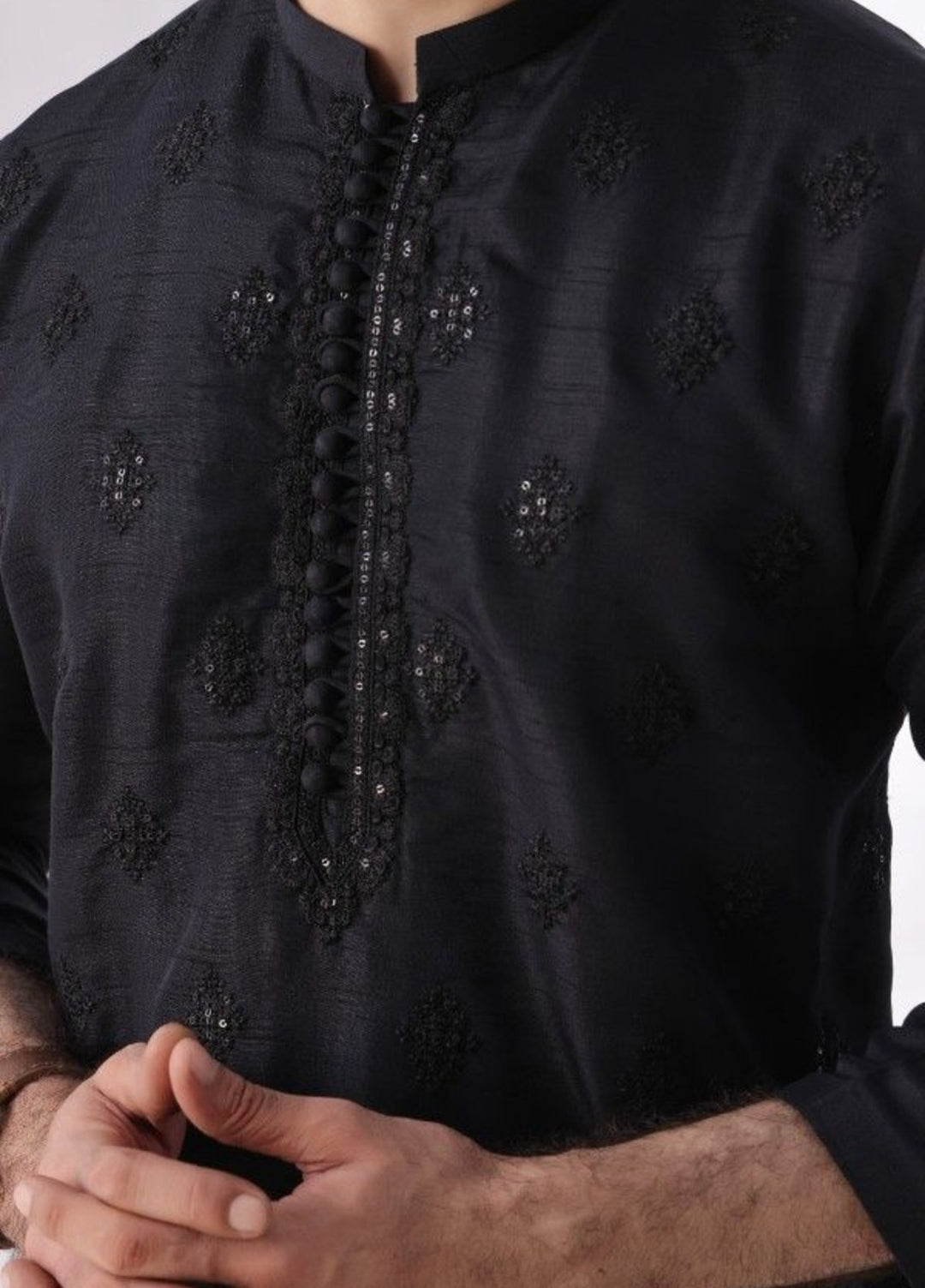 Bazm E Riwayat by Bin Musab Men Kurta Pajama 2 Piece Raw Silk Signature Black - Festive Collection