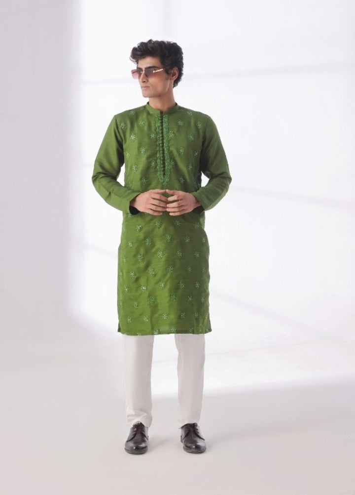 Bazm E Riwayat by Bin Musab Men Kurta Pajama 2 Piece Raw Silk Pastel Parrot - Festive Collection