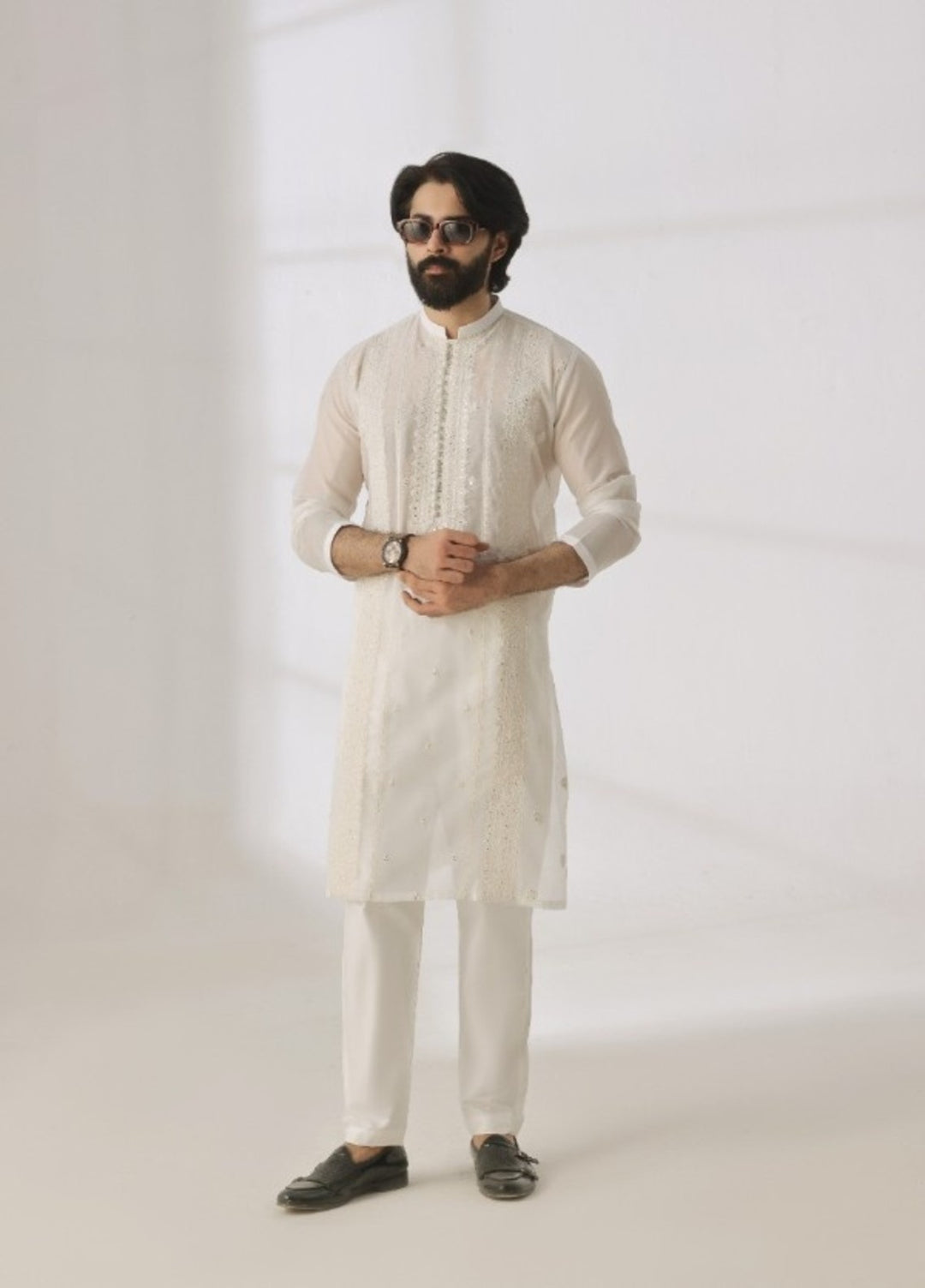 Bazm E Riwayat by Bin Musab Men Kurta Pajama 2 Piece Paper Cotton Pearl Creek - Festive Collection