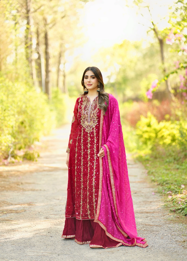 Luxe By Hues Atelier Women Pret 3 Piece Red Zardozi - Formals Collection