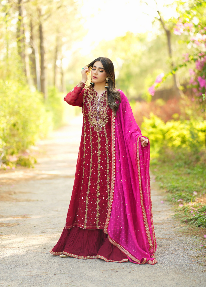Luxe By Hues Atelier Women Pret 3 Piece Red Zardozi - Formals Collection