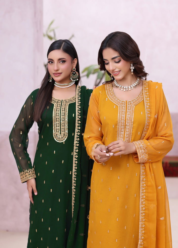 Rang e Haya by Abaan Zohan Woman Pret Chiffon 3 Piece Ada Mustard - Festive Collection