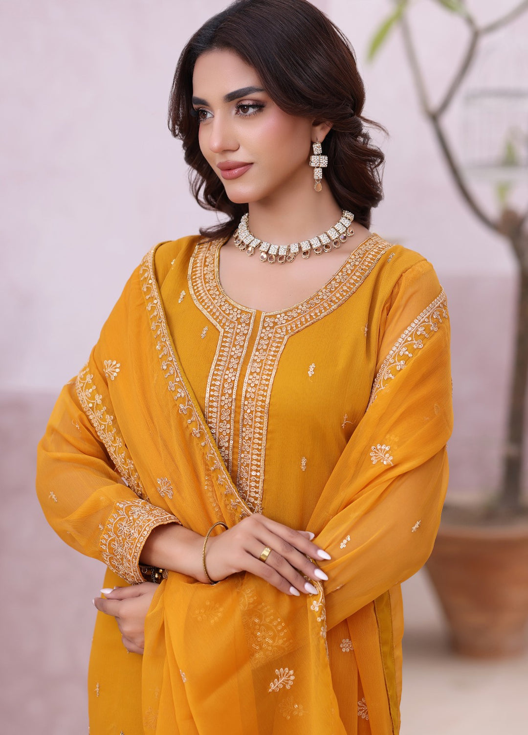 Rang e Haya by Abaan Zohan Woman Pret Chiffon 3 Piece Ada Mustard - Festive Collection