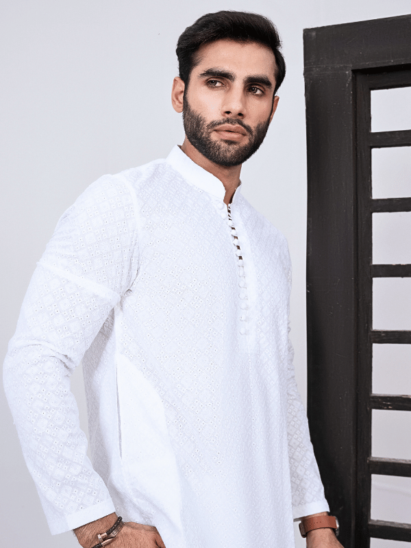 Hk Fashion Mens Ready To Wear 2 Piece Chikankari White Chikankari Kurta Trouser - Wedding Collection