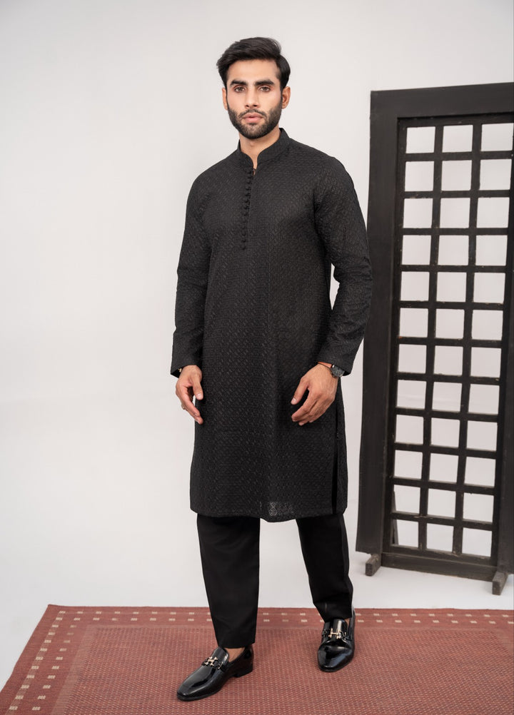 Hk Fashion Mens Ready To Wear 2 Piece Chikankari Black Chikankari Kurta Trouser - Wedding Collection