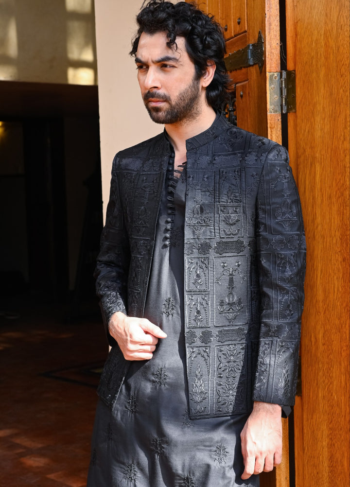 Hk Fashion Mens Ready To Wear 1 Piece Embroidered Black Embroidered FK Princecoat - Wedding Collection