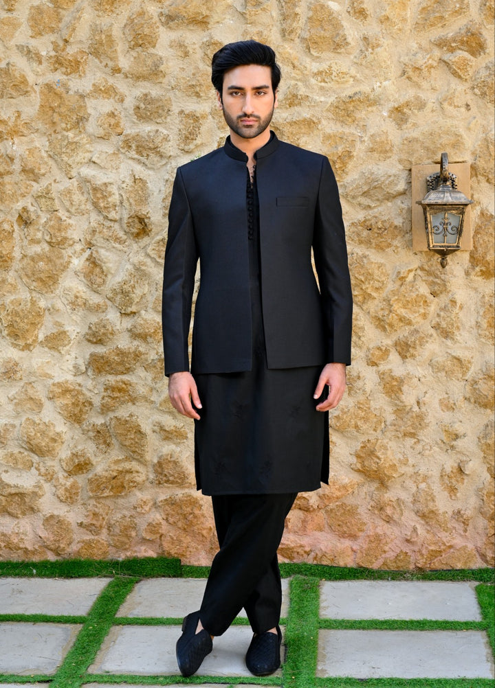 Hk Fashion Mens Ready To Wear 1 Piece Textured Classic Black Front Open Princecoat - Wedding Collection