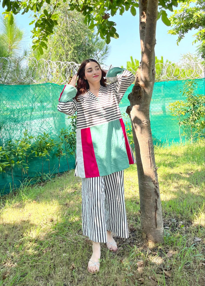 Urban Cut Pret Striped Colorblock Cotton 2 Piece Suit - C0200 - Summer Collection