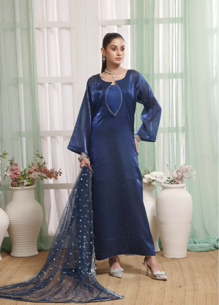 Royal Sapphire - 3pc Silk Organza Stone work suit