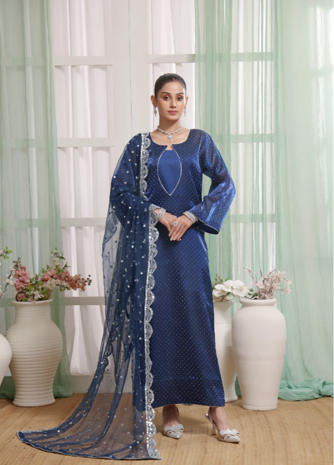 Royal Sapphire - 3pc Silk Organza Stone work suit