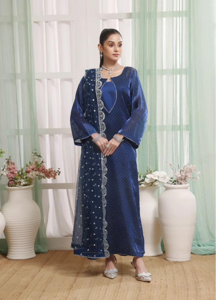 Royal Sapphire - 3pc Silk Organza Stone work suit