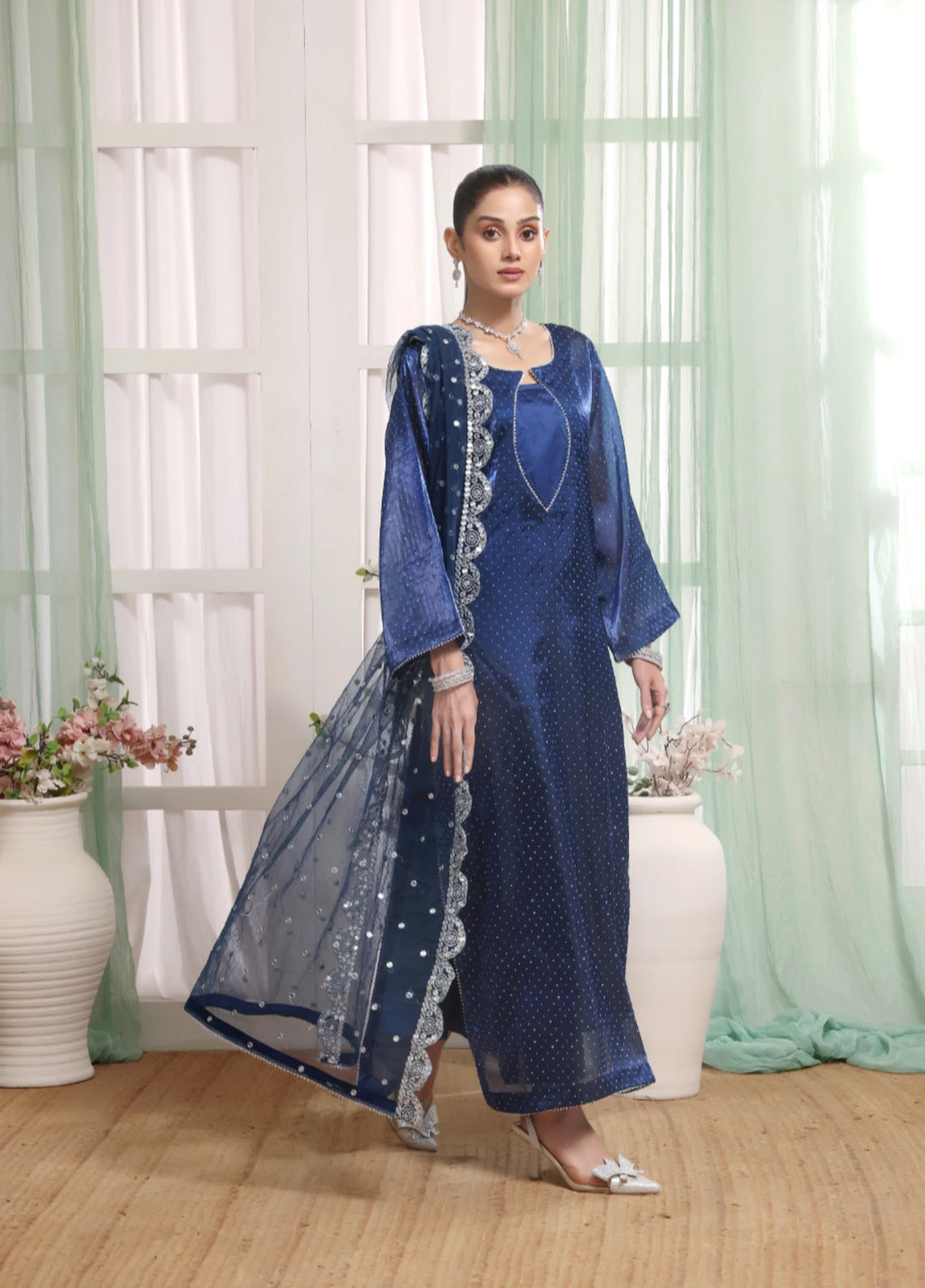 Royal Sapphire - 3pc Silk Organza Stone work suit