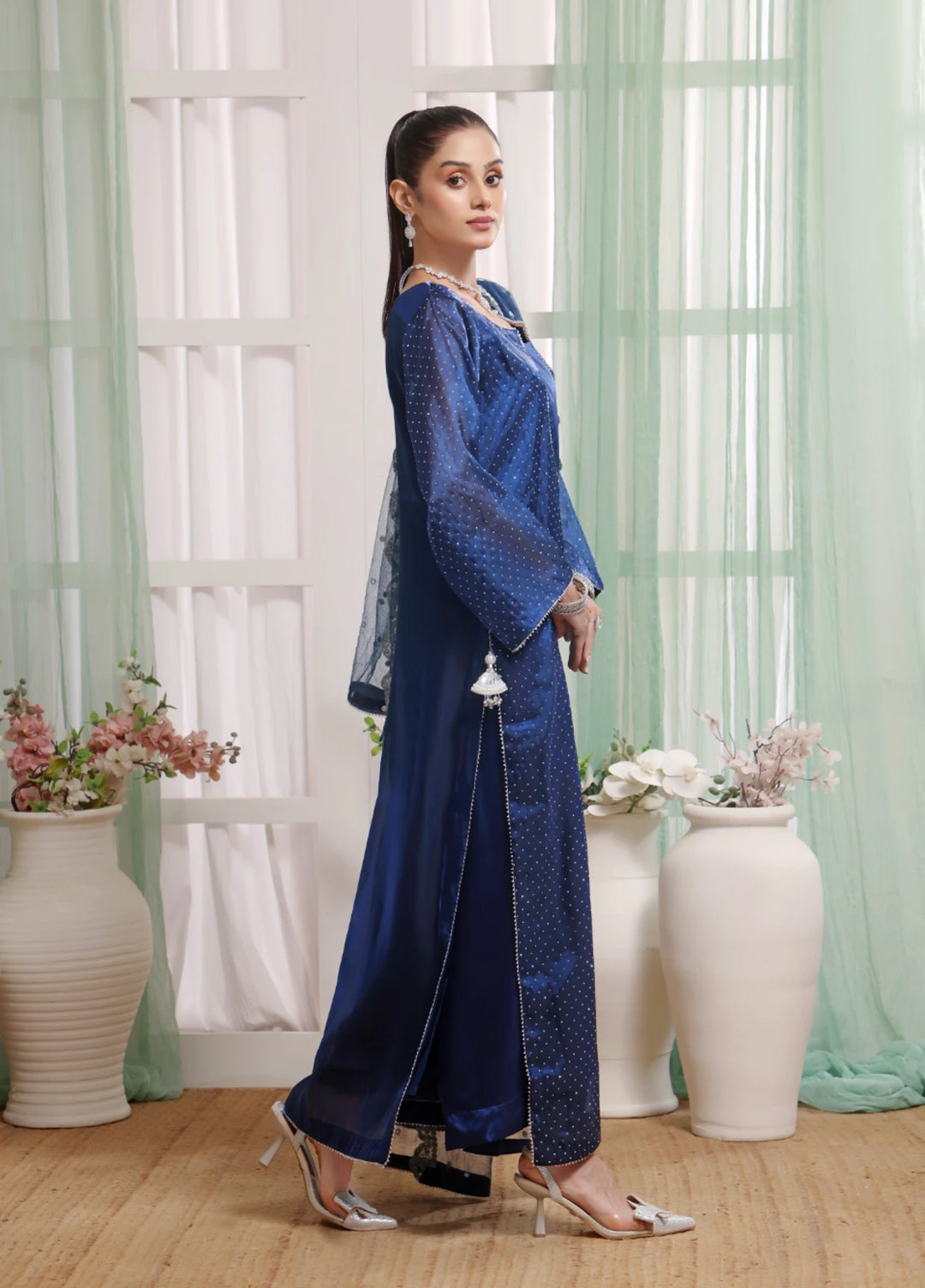 Royal Sapphire - 3pc Silk Organza Stone work suit