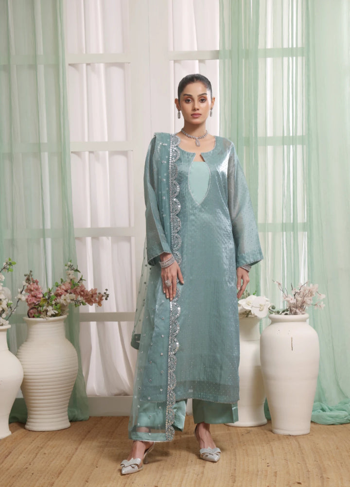 Frosted Azure - 3pc Silk Organza Stone work suit
