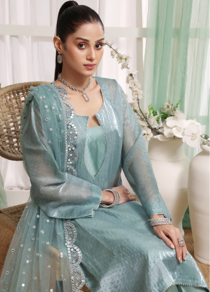 Frosted Azure - 3pc Silk Organza Stone work suit
