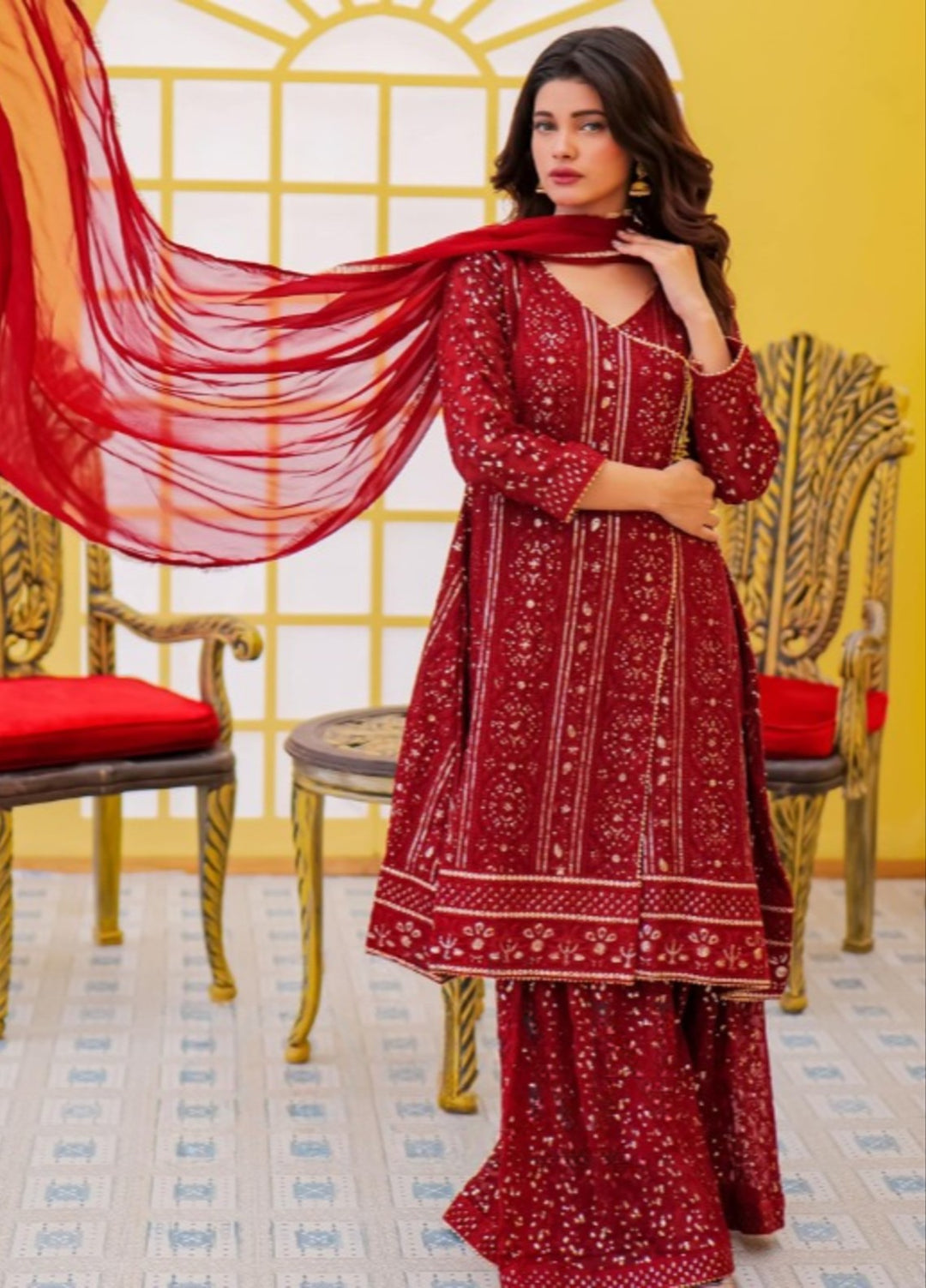 Shadiyan by Al Siyaab Pret 3 Piece Embroidered Chiffon Janaan Maroon - Festive Collection